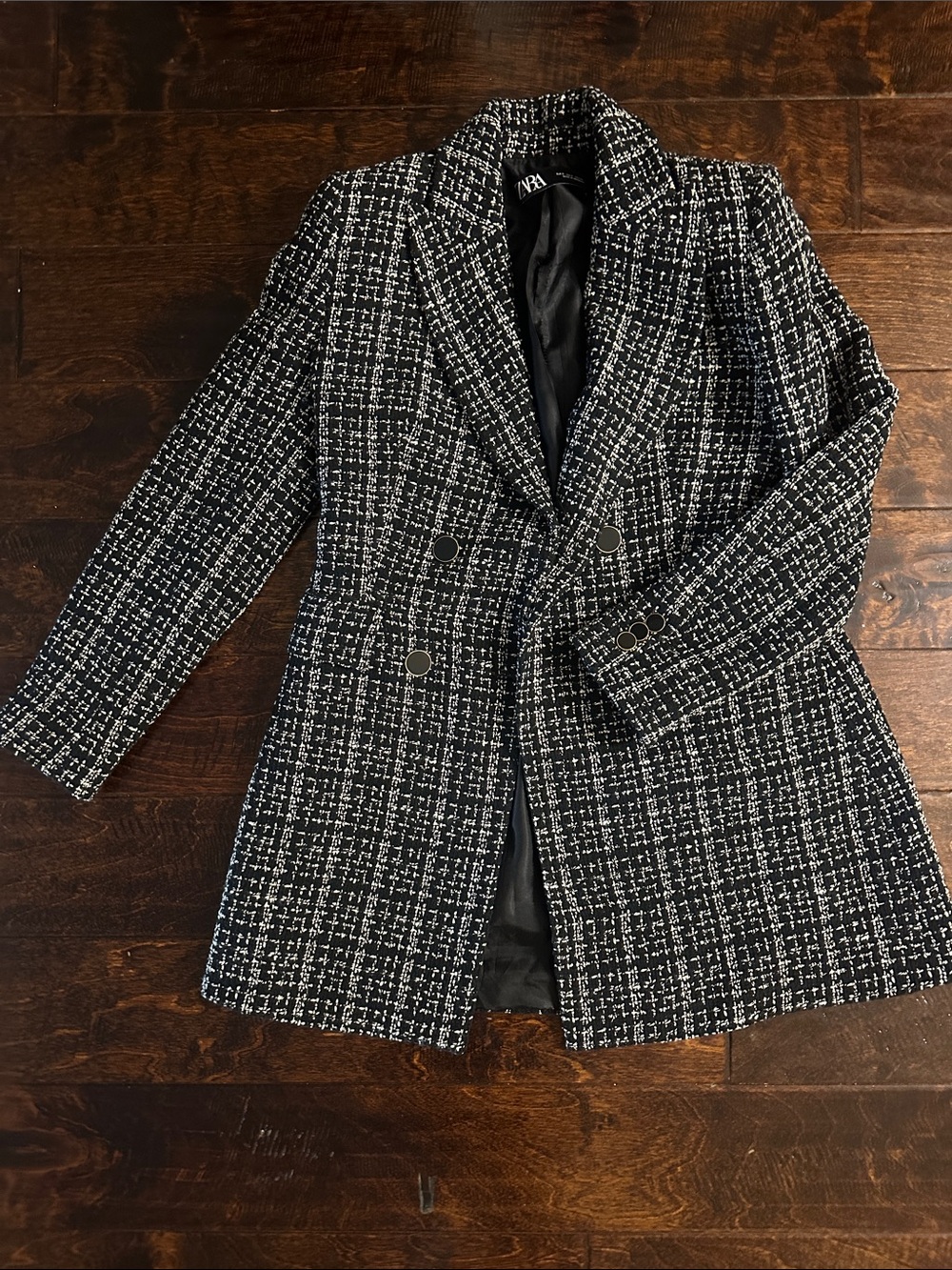 Zara Black and White Tweed Double-Breasted Blazer Coat